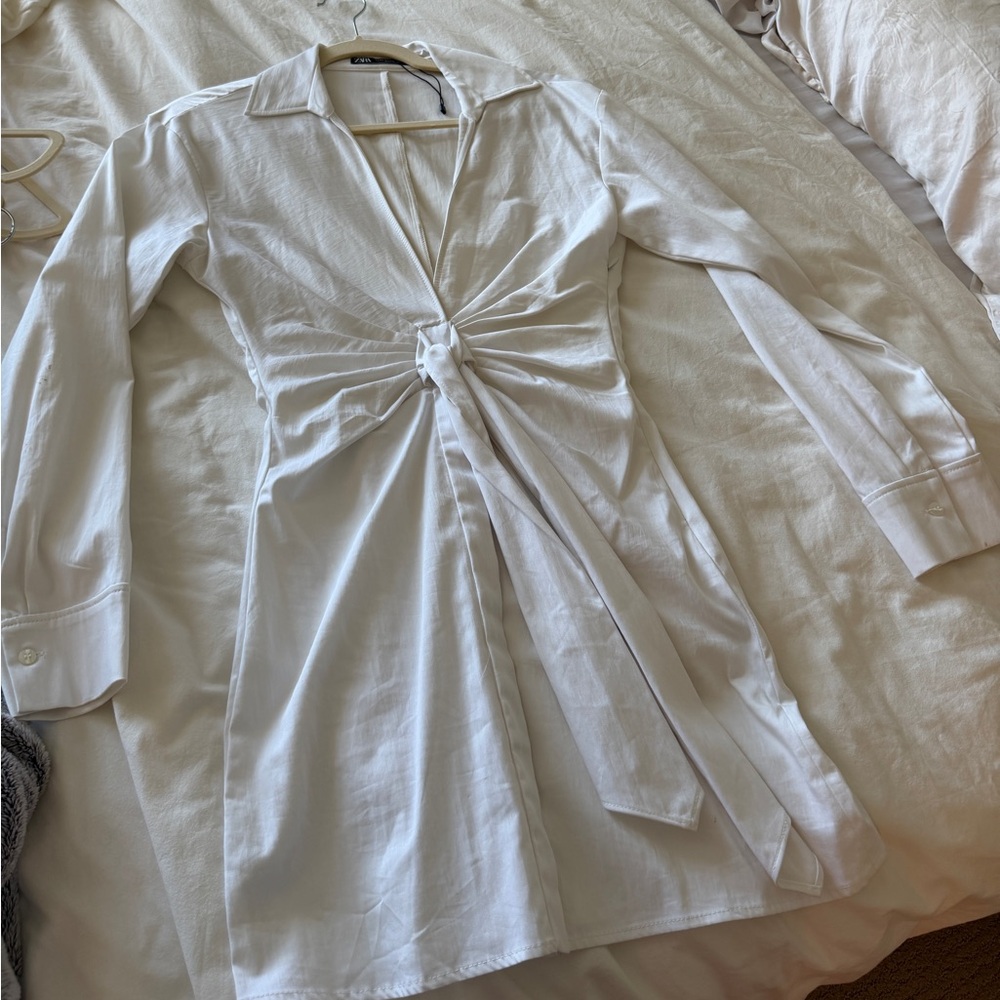 Zara White Long-Sleeve Twist Front Shirt Dress